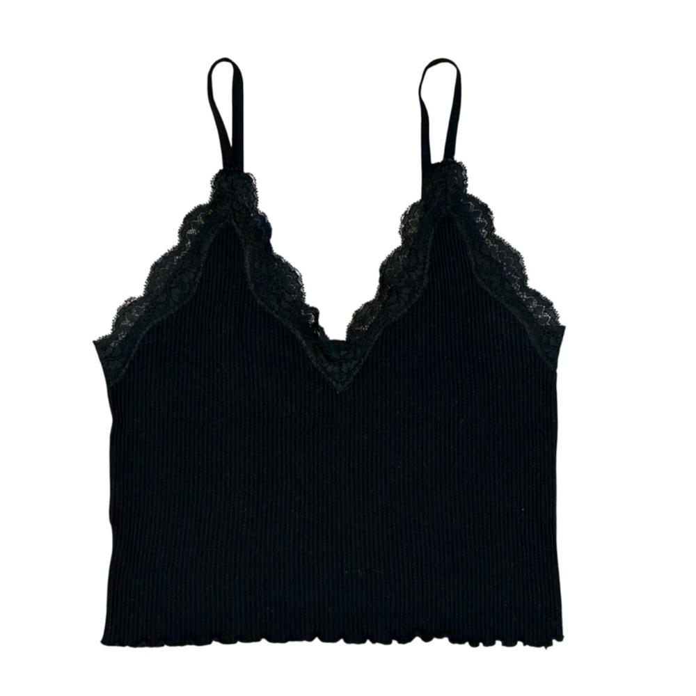 Pull & Bear Black Ribbed Knit Lace V-Neck Tank Top XS